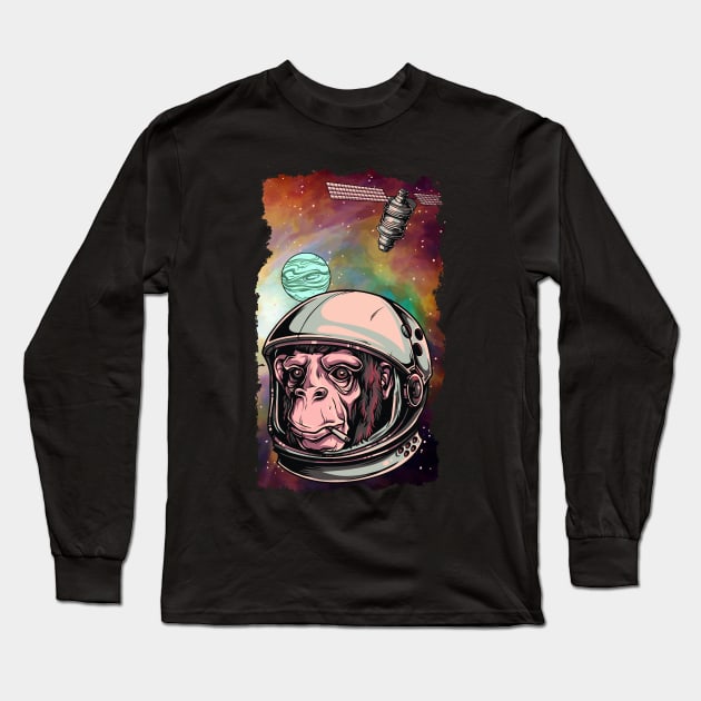 Smoking Space Monkey in Orion's Nebula Long Sleeve T-Shirt by LittleBean